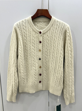 62290欧洲站25冬新款重工异型单排扣麻花纹羊毛兔毛混纺针织开衫