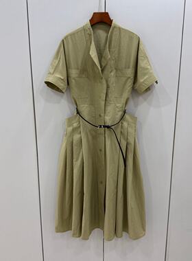 L69135欧洲站短袖连衣裙女腰带收腰宽松中长款显瘦气质立领裙子夏