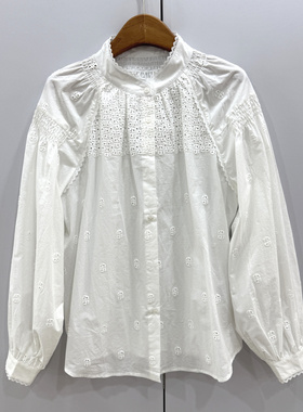 26755欧洲站2026春时尚花边立领单排扣镂空纯色纯棉百搭衬衫上衣