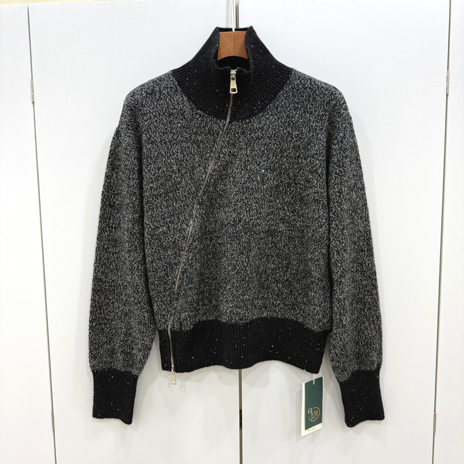 113-25195 欧洲站2025冬斜门襟双拉链加厚翻领毛衣羊毛针织开衫