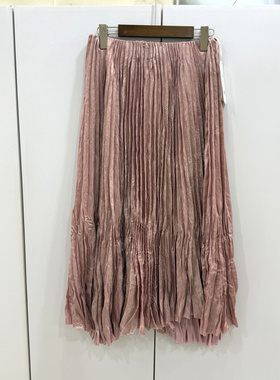 19416欧货春时尚松紧高腰百搭宽松显瘦压褶仿醋酸中长百褶半身裙