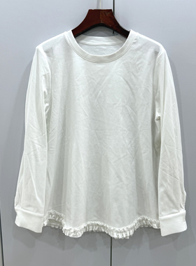 26602 欧洲站2025冬新款圆领木耳边拼接纯色简约百搭长袖上衣T恤