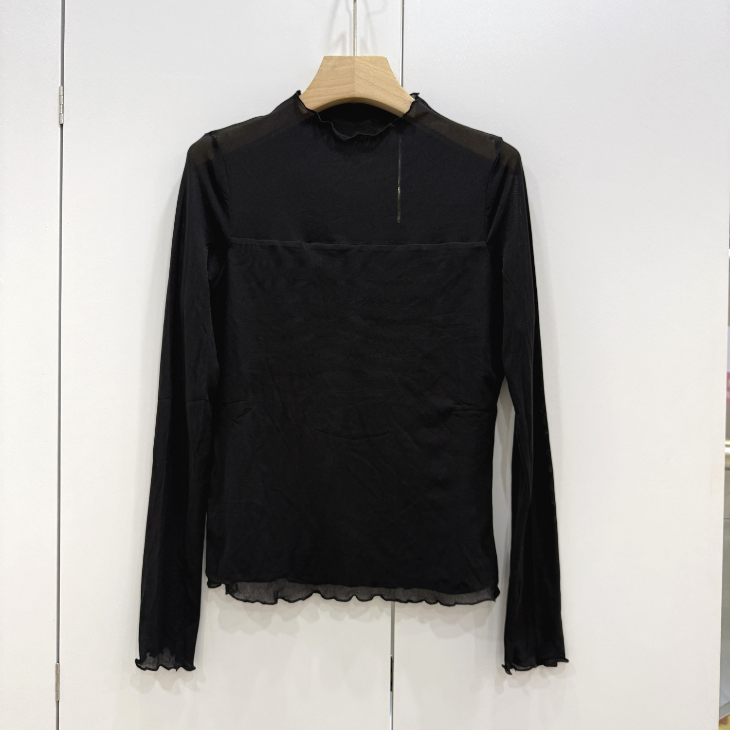 L6687欧洲站2025秋冬木耳花边立领透视拼接加绒加厚网布T恤打底衫