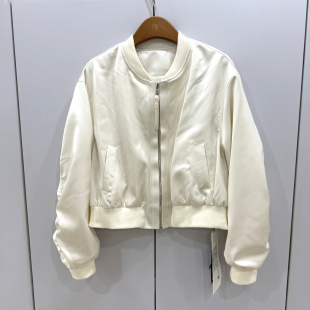 805欧货春时尚 休闲百搭仿醋酸棒球服外套 立领拉链设计感抽褶长袖