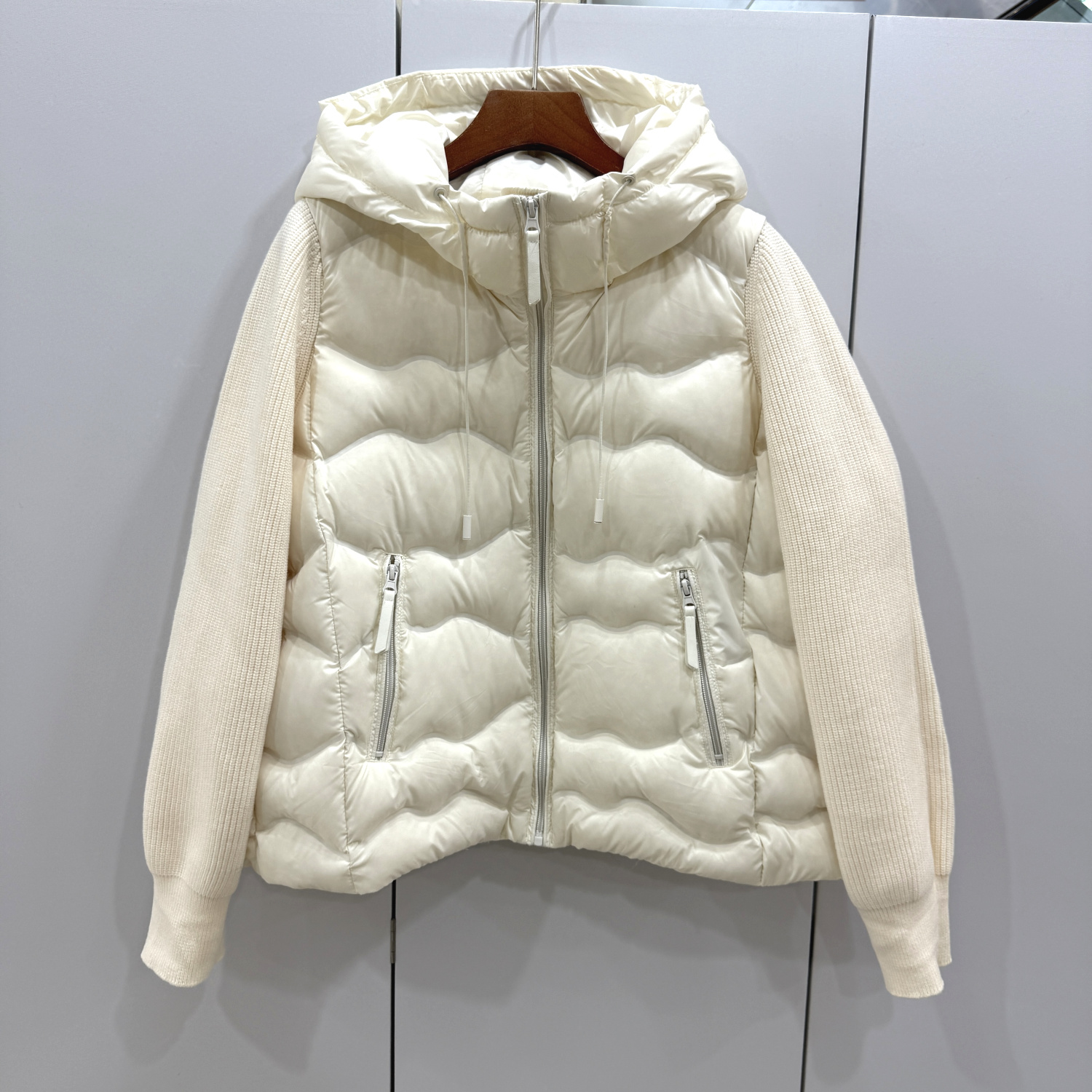 DHZ欧洲站2025冬时尚毛线针织拼接袖拉链连帽水波纹休闲短羽绒服