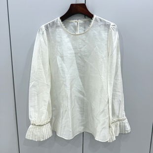 WQX1665欧洲站26春压褶设计感袖口蕾丝花边圆领提花天丝衬衫上衣