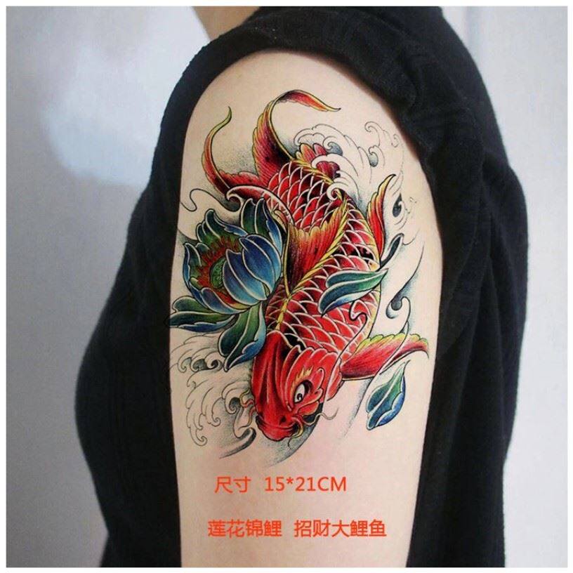 彩色鲤鱼纹身贴花臂防水男女花腿手臂仿真刺青纹身贴纸荷花锦鲤