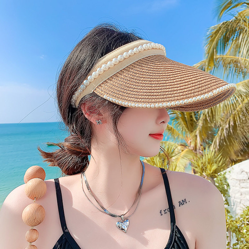 潮牌空顶帽女夏季百搭无顶珍珠草帽太阳帽防晒出游遮脸韩版遮阳帽