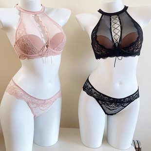 性感纯欲法式蕾丝绑带挂脖内衣套装女薄款小胸聚拢外穿黑色文胸罩