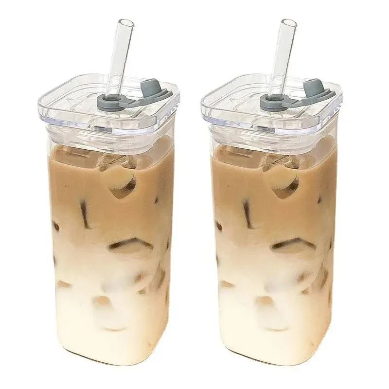 1Pcs Square Heat Resistant Coffee Glass Cup With Lid and Str