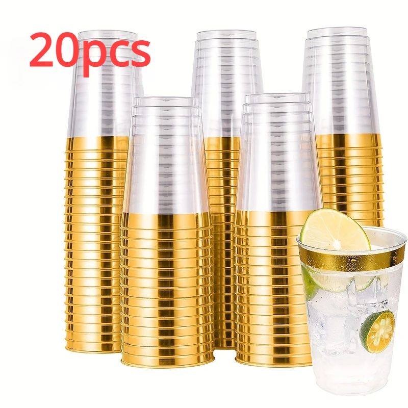 20pcs 10oz Clear Golden Rimmed Plastic Cups Wine Glasses Ele