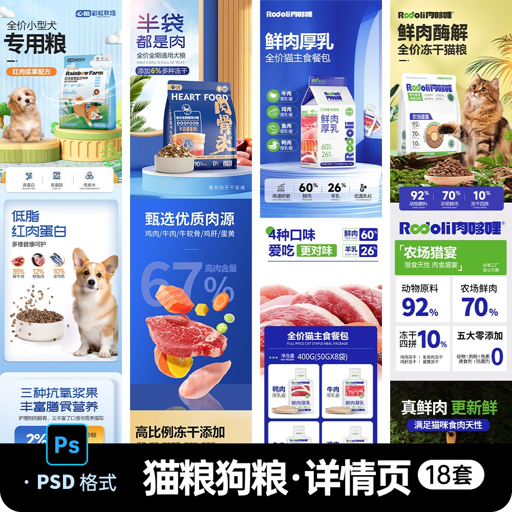 电商宠物用品猫粮狗粮零食鲜肉冻干主食罐头详情页PS设计素材模板