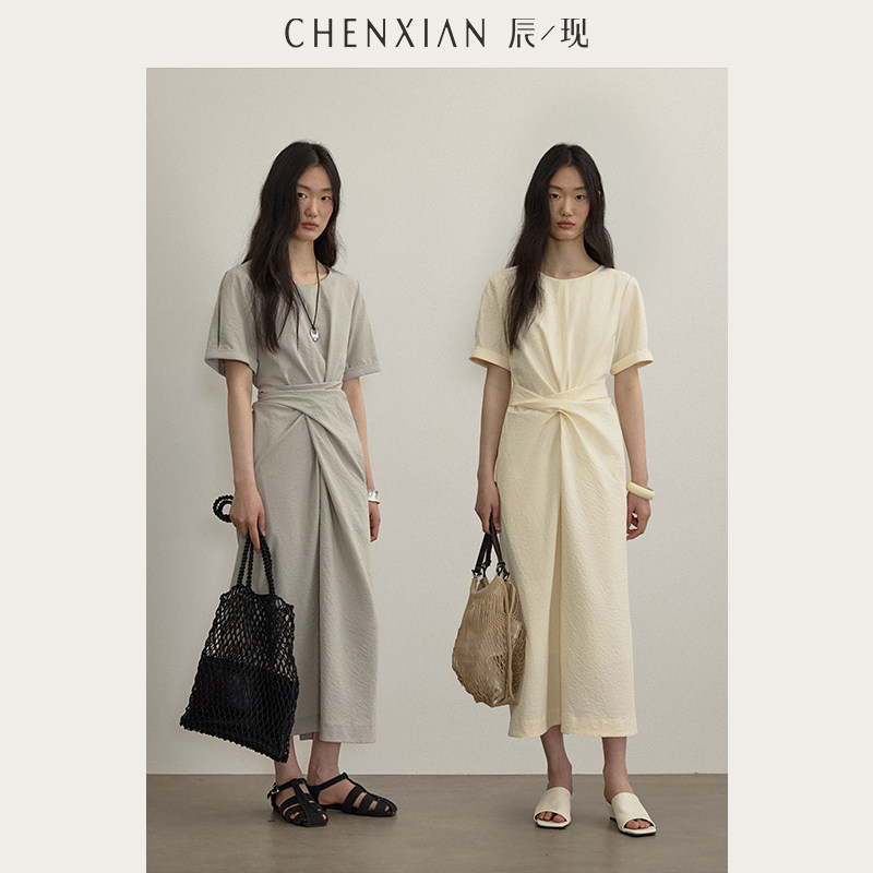 CHENXIAN辰现棉麻围裹系带设计感短袖连衣裙收腰显瘦中长款裙子女