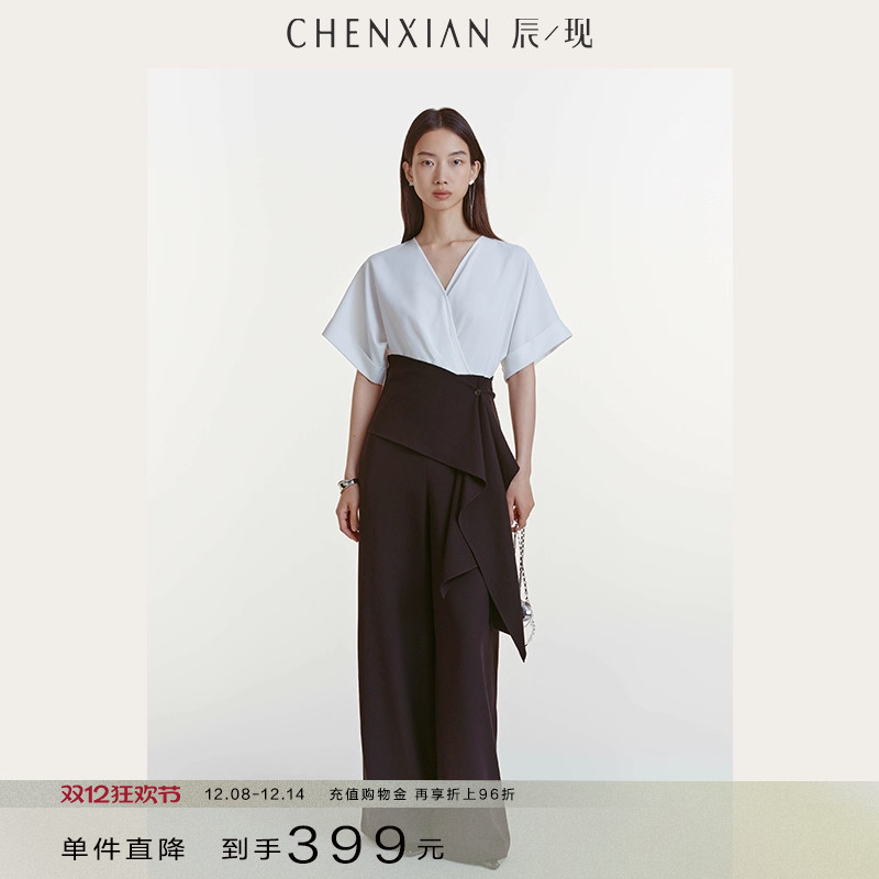 式黑白系带撞色连体裤