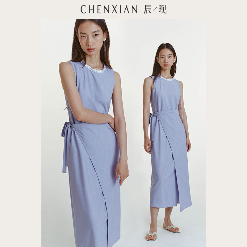 CHENXIAN辰现围裹花纱仿麻系带收腰无袖连衣裙修身背心长裙子女夏