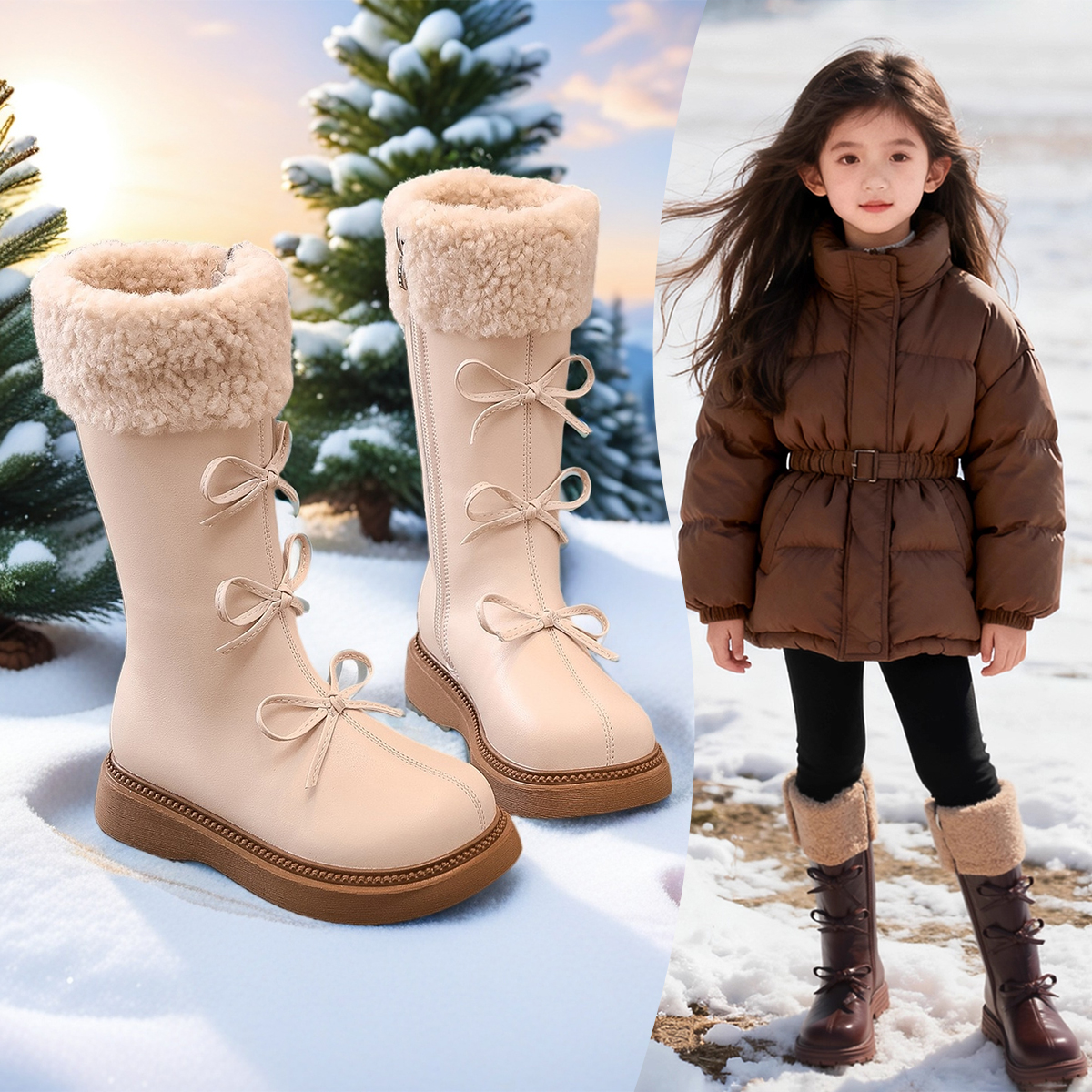 女童雪地靴秋冬高筒加绒长筒软底