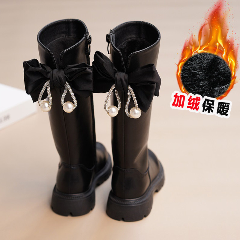 女童靴子加绒公主长靴洋气蝴蝶结高筒靴秋冬皮靴宝宝侧拉链马丁靴