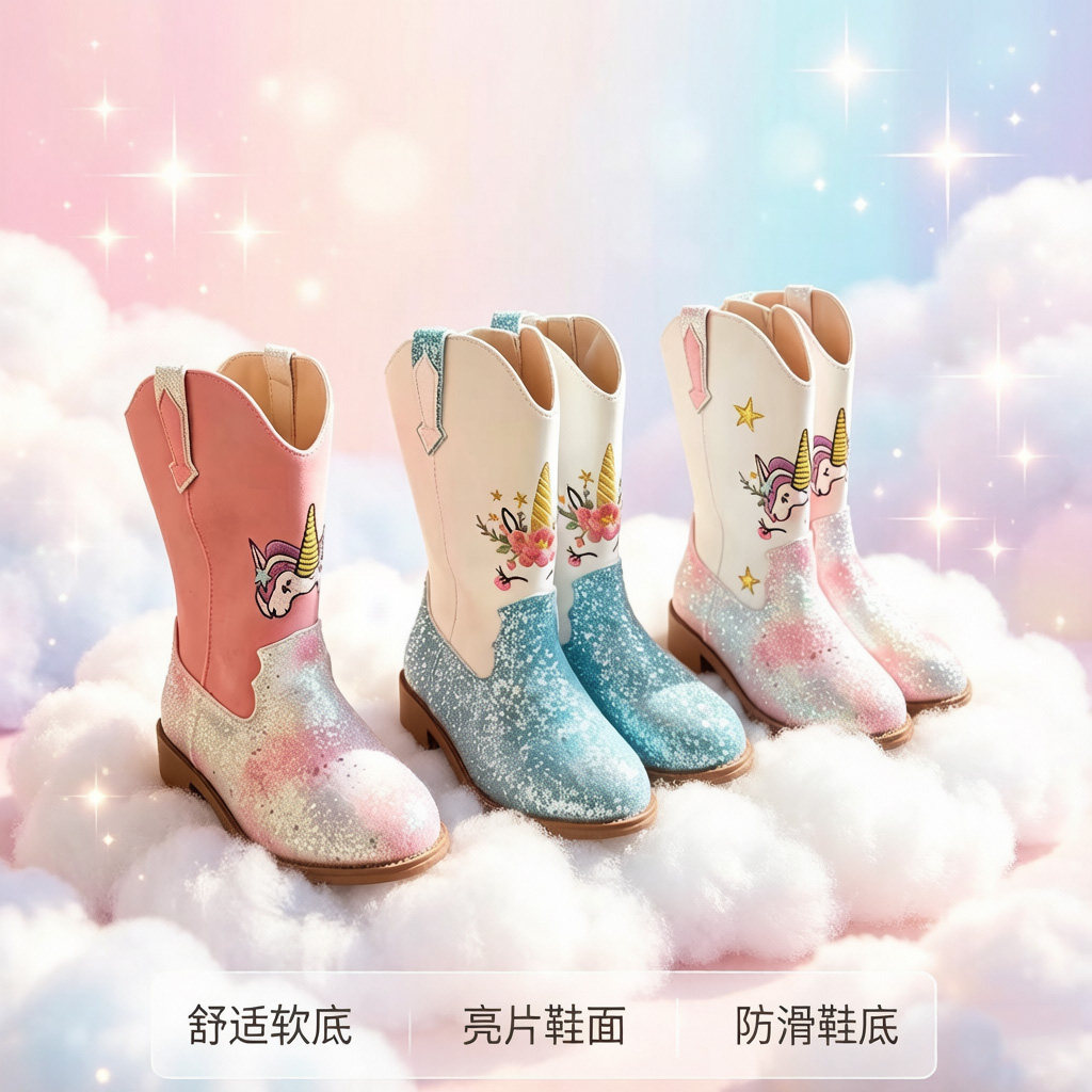 女童独角兽亮片刺绣牛仔高筒皮靴