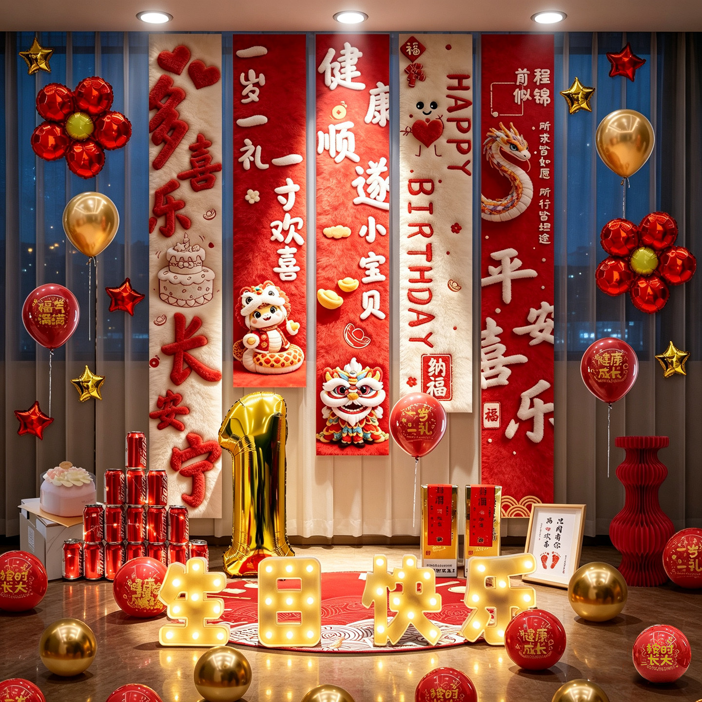 中式一周岁礼生日场景布置装饰图片