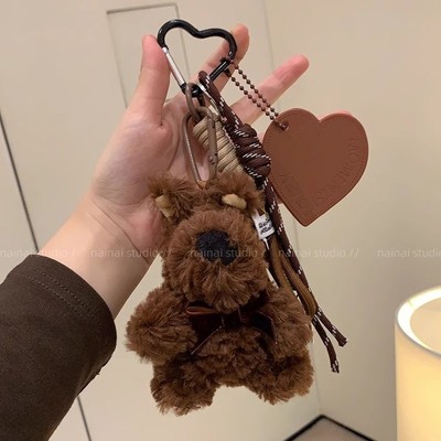 棕色西高地包包挂件m系风皮革爱心潦草毛绒高级感轻奢小众钥匙扣
