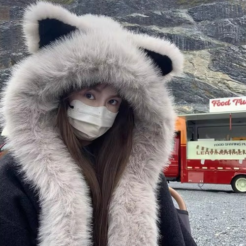 学生帽子围巾一体毛绒狐狸耳朵帽子围巾防寒保暖护耳加厚帽子