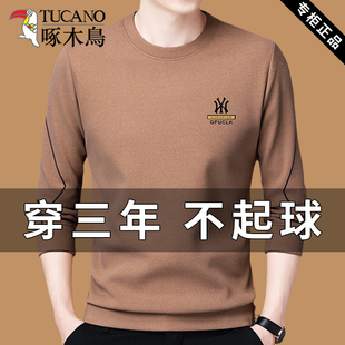 T恤圆领羊绒休闲打底衫 啄木鸟纯色卫衣男中青年加绒加厚冬季 长袖