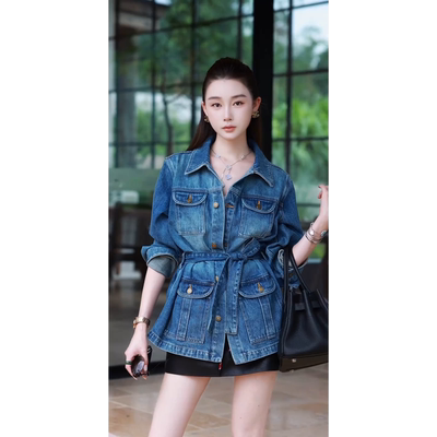 轻奢美式复古独特口袋蓝色牛仔外套女2025秋季新款高级宽松上衣潮
