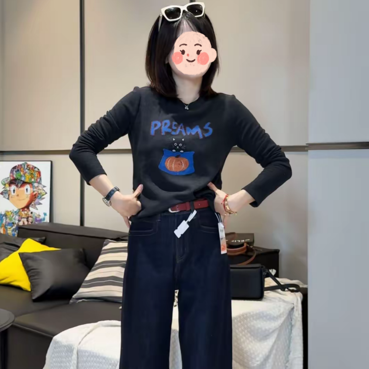 秋冬新款南瓜奶猫印花德绒圆领长袖T恤女秋季新款显瘦百搭上衣暖