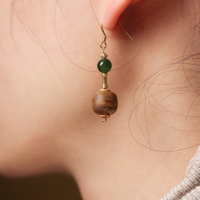 天然奇楠沉香耳环女925银古风