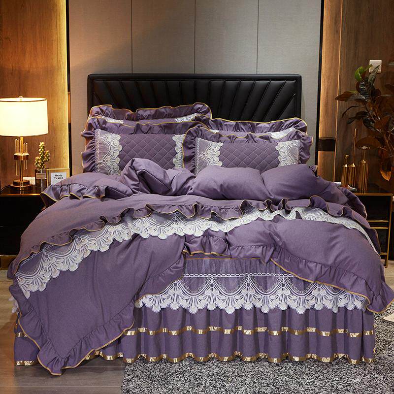 欧式夹棉四件套床裙公主风床罩床单全棉磨毛加厚裸睡床上被套粉色