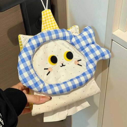 可爱萌趣小猫吃鱼壁挂纸巾袋家用厨房卫生间免打孔布艺纸巾收纳袋
