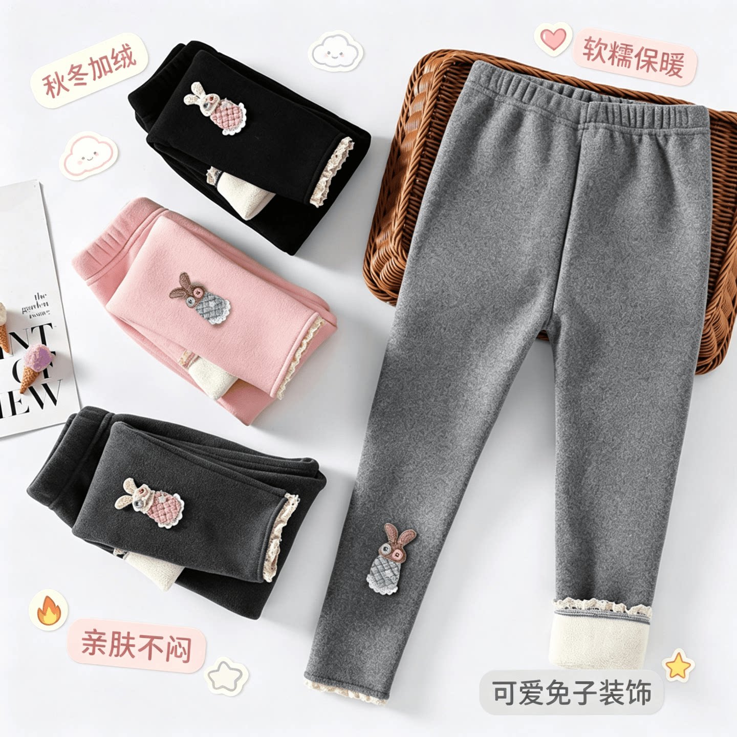 女童加绒加厚打底裤秋冬新款女宝宝卡通修身一体绒保暖外穿裤子潮