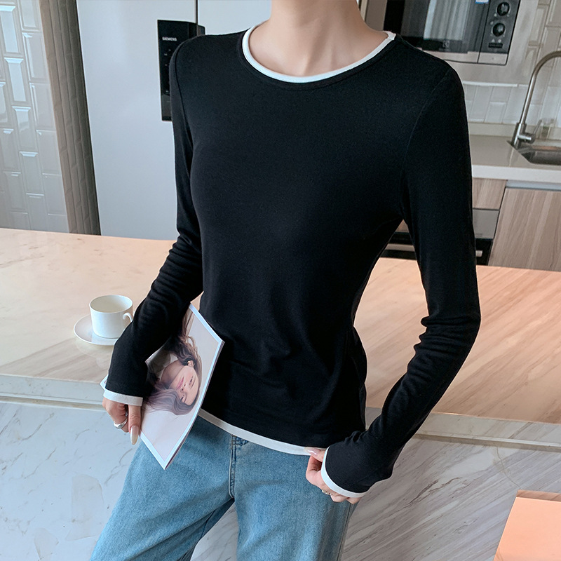 新款天丝羊毛羊绒舒适高弹圆领撞色假两件打底衫外穿休闲上衣女