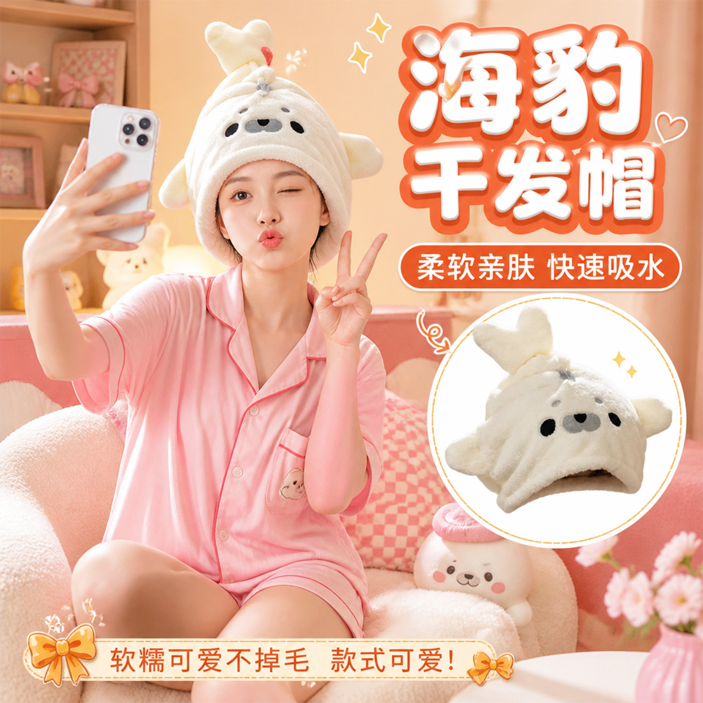 可爱小海豹干发帽超强吸水速干