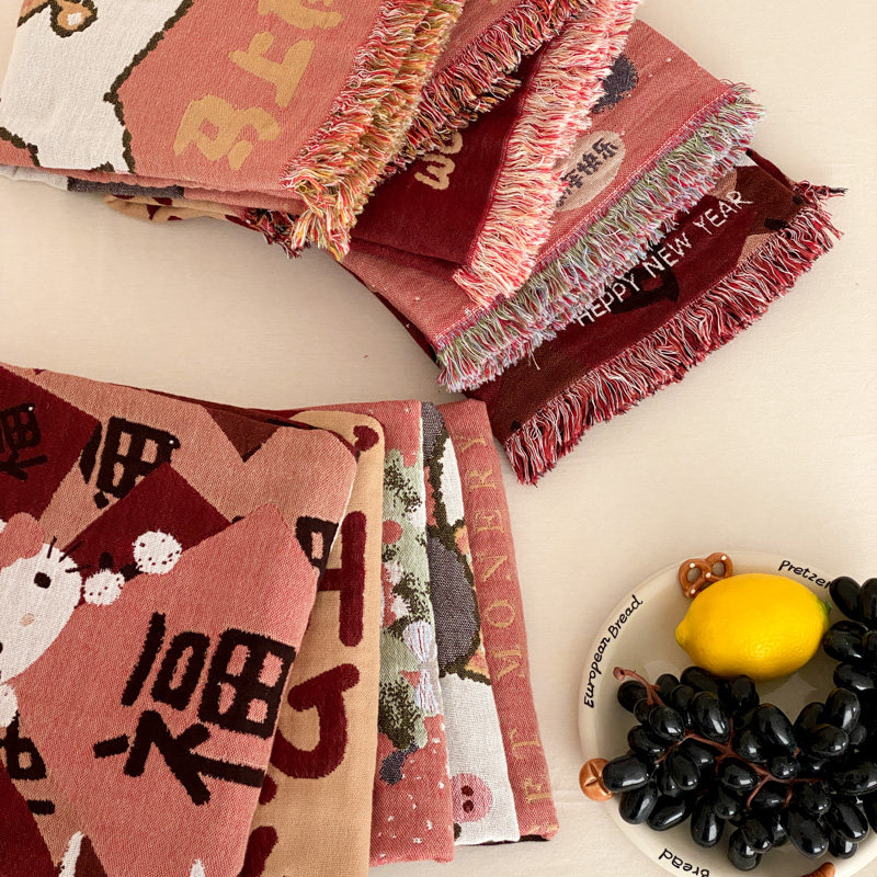 新款四层纱布全棉新年红枕巾流苏