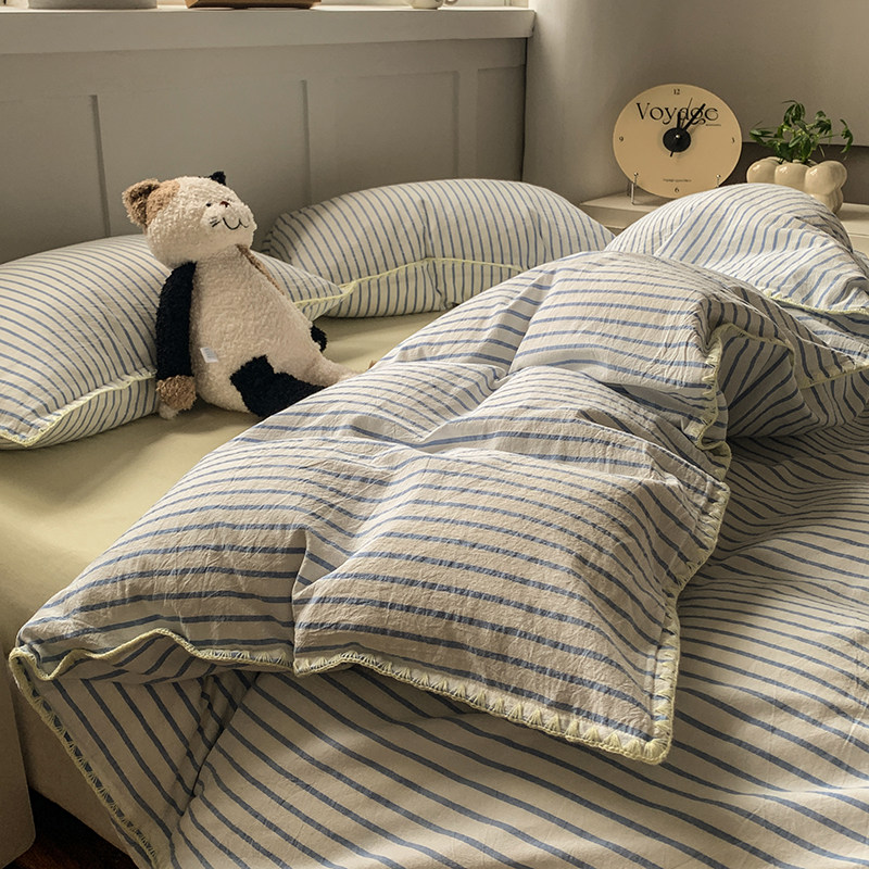 贝壳绣灰色条纹全棉纯棉色织水洗棉四件套母婴级简约床单人三件笠