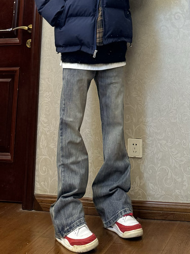 AU8OFCLUB 竹节棉牛仔裤微喇街头复古神裤重磅水洗裤子休闲长裤男