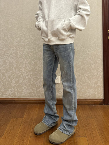 AU8OFCLUB 美式高街水洗微喇叭牛仔裤男浅蓝色直筒休闲cleanfit裤