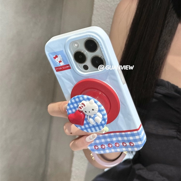 褶皱蓝格纹撞色立体爱心kt手机壳