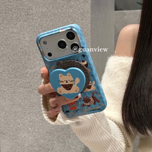 guanview 14半包菲林硬壳13防摔保护套 ins可爱蓝色豹纹小猫咪磁吸支架适用iphone17promax苹果16pro手机壳15