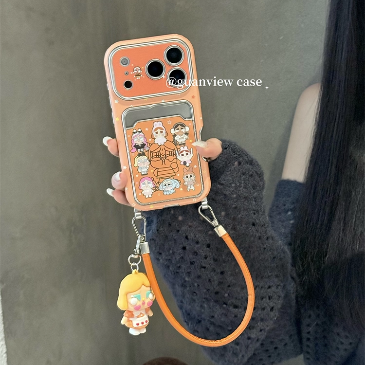 ins橘色皮纹哭娃插卡包手机壳