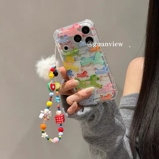 guanview 卡通涂鸦彩色奔跑马群适用iPhone17Promax苹果16Pro手机壳带链条15/14透明鎏金闪粉13防摔17保护套