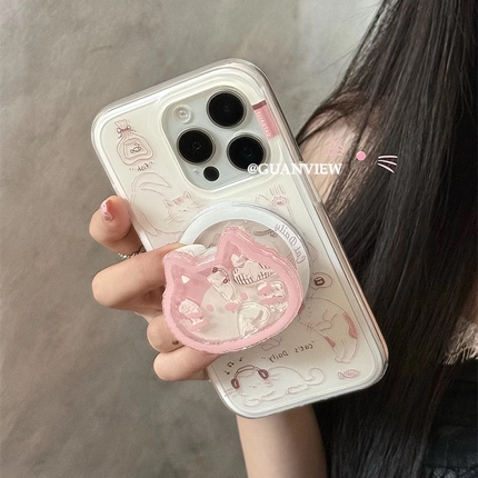 guanview ins小众手绘线条小猫咪摇摇乐磁吸支架适用iphone16promax苹果15手机壳14二合一磨砂硅胶13防摔16套