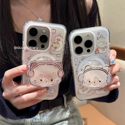 超萌戴耳机猫咪狗狗磁吸手机壳