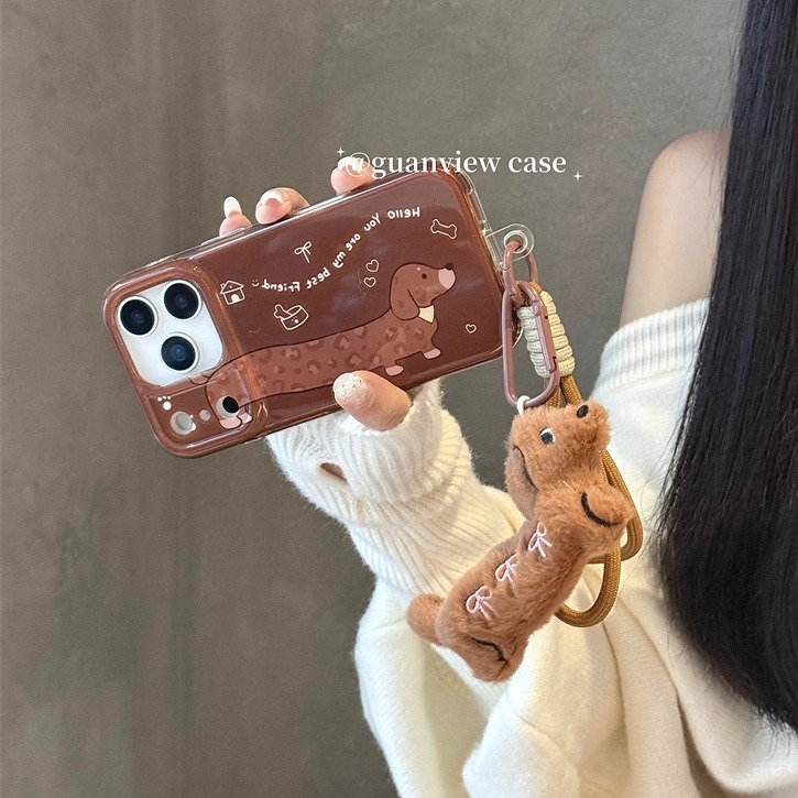 棕色腊肠小狗毛绒公仔手提手机壳