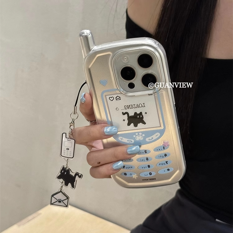 电镀炸毛小黑猫电话机手机壳图片