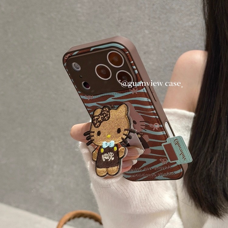 ins棕蓝条纹刺绣KT猫手机壳