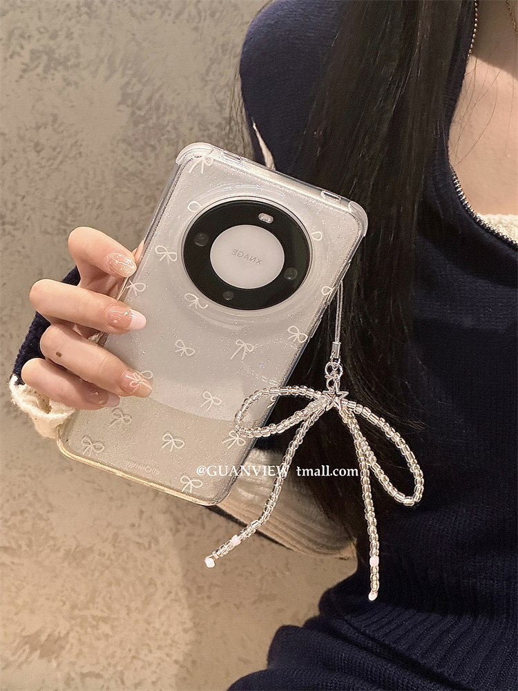 气质闪粉白色蝴蝶结挂件手机壳