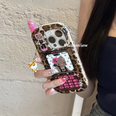 辣妹棕豹纹kt猫咪电话机手机壳