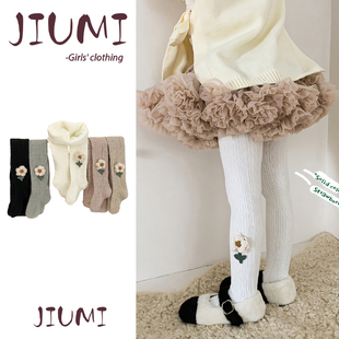 中小童秋冬薄绒打底裤 袜 袜女宝宝小花配饰磨毛加厚纯色可爱打底裤